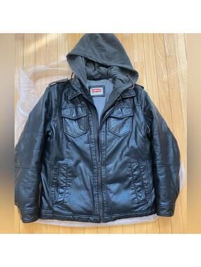 Levi's Men's Black Faux Leather Jacket with Attached Hoodie Size Medium